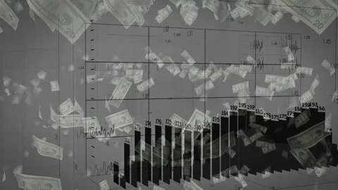 Falling US dollar bills starting over grid, bar chart rising then falling Video stock 328685043