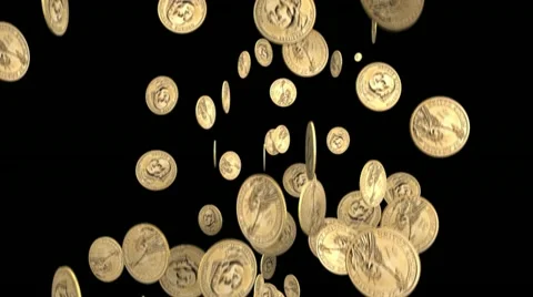 Falling US Dollar Coins with alpha mask Stock Footage 12406479