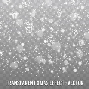 Falling Vector Snow on a transparent Background with Snowman and Presents. Stock Illustration