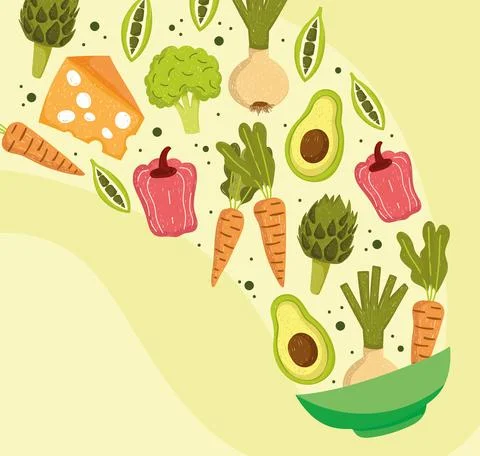 Falling vegetables in bowl Stock Illustration