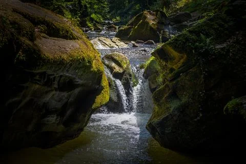 Falling water and a small waterfall between the solid rocks in the forest o.. Stock-Fotos