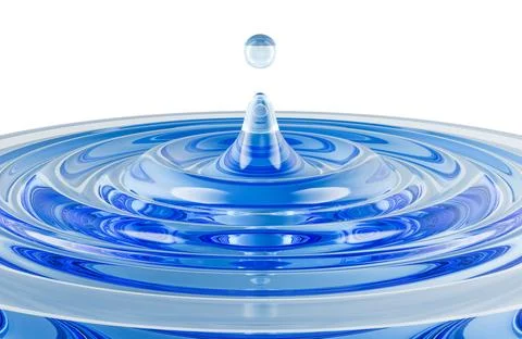 Falling water droplet creating a central splash and concentric ripples. 3D .. Illustrazione stock