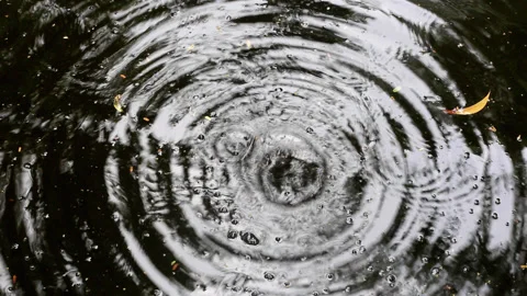 Falling water drops create large ripples on rippled water Video stock 133393867