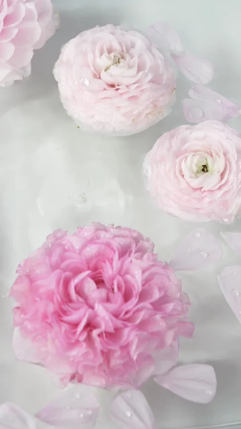 Falling water drops on pink ranunculus flowers create premium spa background for 스톡 동영상 335144227