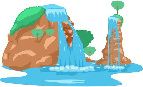 Falling water. River waterfall falls from cliff white background. Water fall Stock Illustration