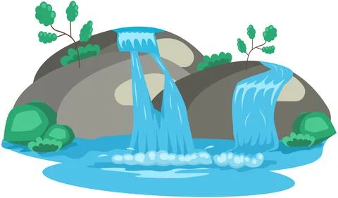 Falling water. River waterfall falls from cliff white background. Water fall Illustrazione stock