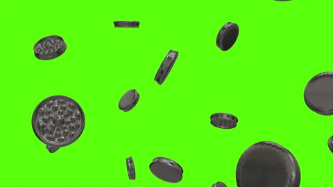 Falling weed metallic grinders over green screen. Rain of weed grinders Stock Footage 236659639