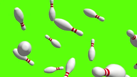 Falling white and red bowling pins over green screen. Rain of bowling pins. Video stock 253514558