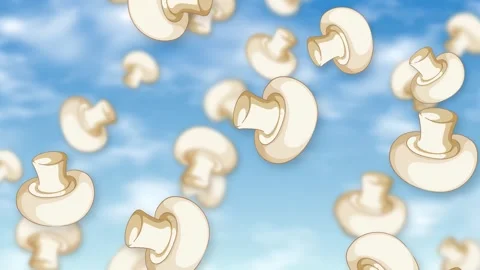 Falling White Button Mushroom Slices Against a Blue Sky Background Stock Footage 342314857