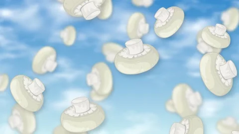 Falling White Button Mushrooms Animation Over Blue Sky Background Stock Footage 342238153
