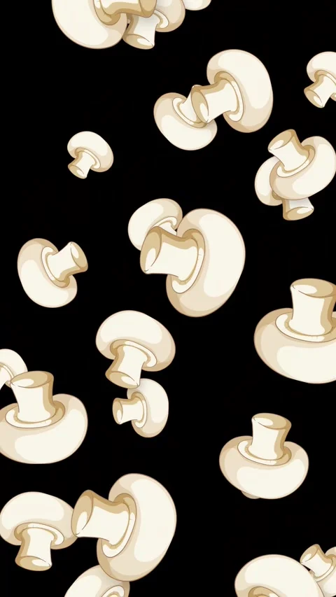 Falling White Button Mushrooms Animation on Black Background Stock Footage 343836305
