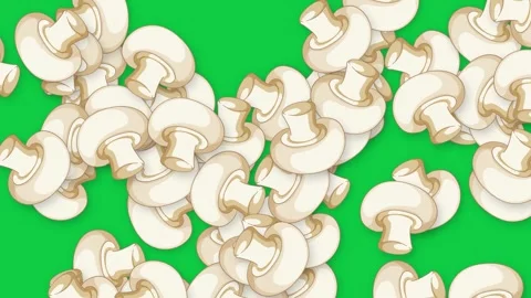 Falling White Button Mushrooms Animation on Green Screen Background Stockbeeldmateriaal 347345160