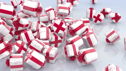 Falling white Christmas gift boxes with red bows and ribbons Video stock 141632822