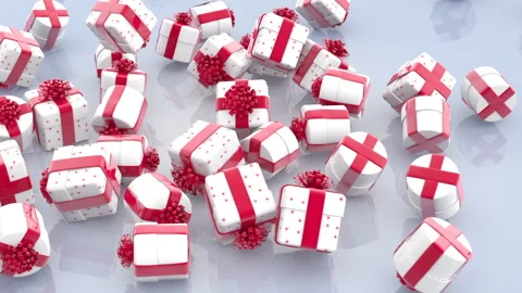 Falling white Christmas gift boxes with red bows and ribbons Stock Footage 142273575