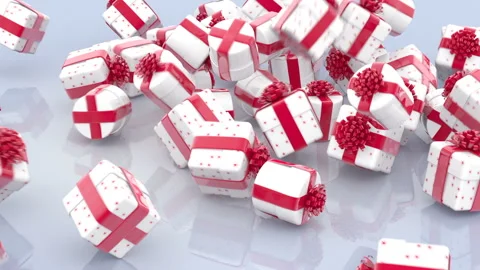 Falling white Christmas gift boxes with red bows and ribbons Stock Footage 144726008