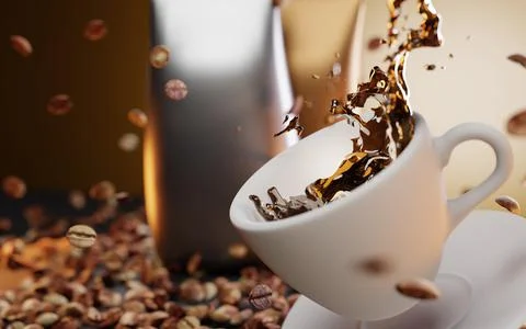 Falling white cup with saucer and stream coffee splashes, drops. Flying beans Stock Illustration