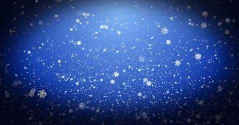 Falling white flakes and blurred specks filling blue fade scene with hexagon Stock Illustration