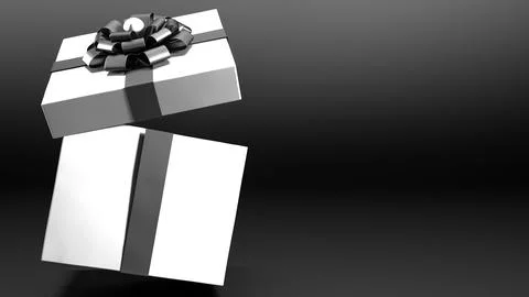 Falling white gift box with black ribbon and bow isolated on black background Stock Illustration