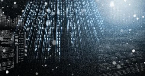 Falling white light trails over computer code, program coding and technology Stock Photos
