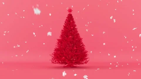 Falling White maple leaf with Red Christmas Tree on red background. 3D animat Stock Footage 141833569