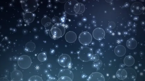 Falling white snowflakes and glowing bokeh circles on dark blue background 스톡 동영상 347399298