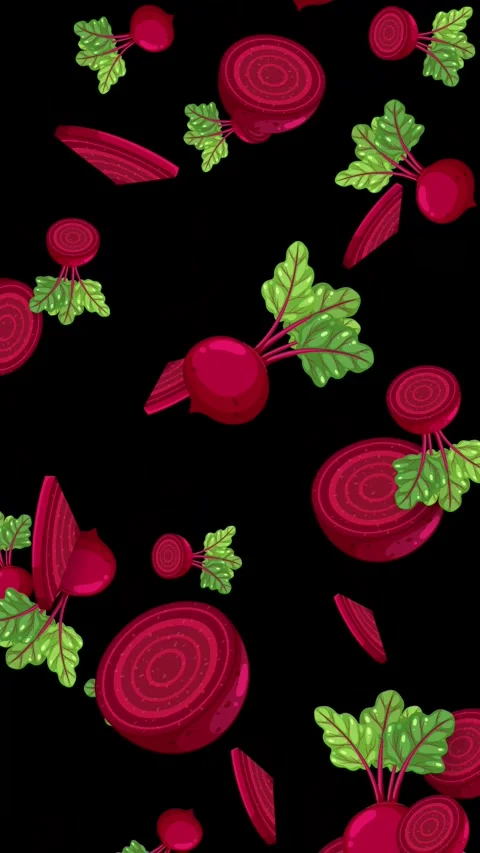 Falling Whole and Sliced Beetroots Animation on Black Background Stock Footage 342211603