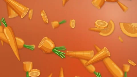 Falling Whole and Sliced Carrots Animation on Orange Background Stock Footage 346569308
