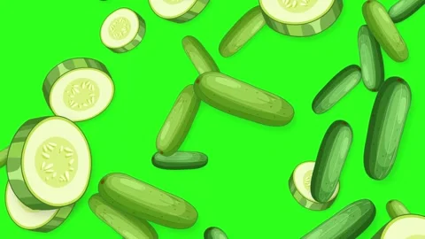 Falling Whole and Sliced Green Cucumbers on Bright Green Background Stock Footage 342314808