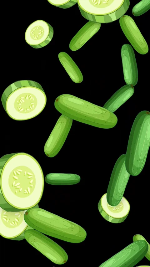 Falling Whole and Sliced Green Cucumbers on Black Background Stock Footage 342314906
