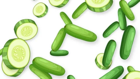 Falling Whole and Sliced Green Cucumbers Animation on White Background Stock Footage 345703617