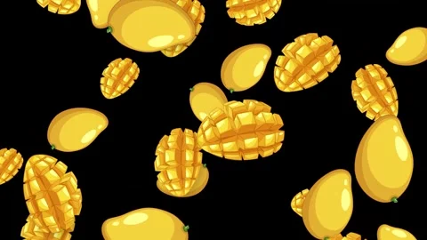 Falling Whole and Sliced Mango Fruit Animation on Black Background Stock Footage 343831128