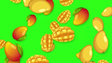 Falling Whole and Sliced Mangoes Animation on Green Screen Background Stock Footage 345041285