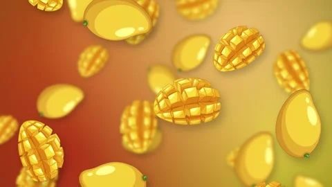 Falling Whole and Sliced Mangoes on Vibrant Gradient Mesh Background Stock Footage 345197653