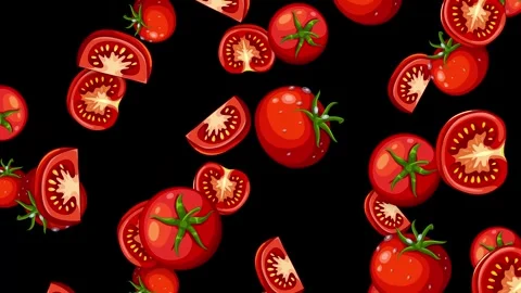 Falling Whole and Sliced Red Tomatoes Animation on Black Background Stock Footage 342319308