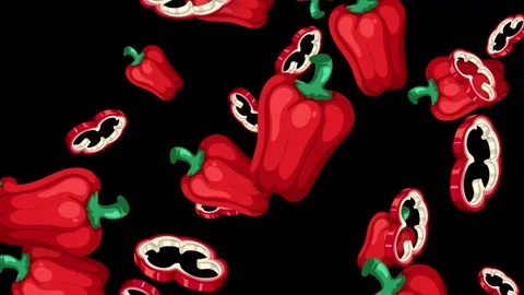 Falling Whole and Sliced Red Bell Peppers on Black Background Stock Footage 345125127