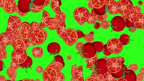 Falling Whole and Sliced Tomatoes on Vibrant Green Background Vídeo Stock 325008906