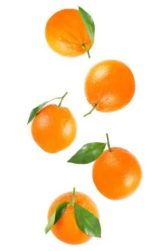 Falling whole orange with leaf isolated on white Stock Photos