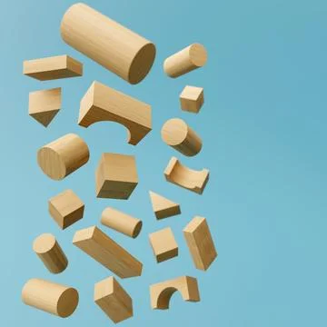 Falling wooden building blocks with geometric shapes on blue background 스톡 일러스트