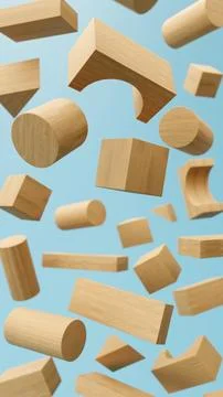 Falling Wooden Building Blocks with Shallow Depth of Field on Blue Background Stock Illustration