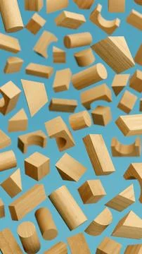 Falling Wooden Building Blocks with Shallow Depth of Field Blur on Blue Stock Illustration