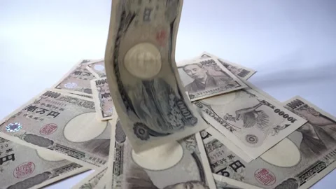 Falling yen currency notes on white background Stock-Footage 304129829