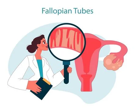 Fallopian tubes. Doctor examining fallopian tubes using magnifying glass. Stock Illustration