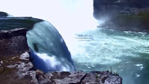 Falls with boattour on background Stock Footage 81576795