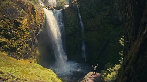 Falls Creek Falls Waterfall Oregon Washington Man Standing Columbia Gorge Stock Footage 280701928
