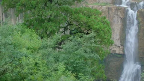 Falls Large Waterfall Cascading Over A Lush Green Cliff. Nature background 스톡 동영상 133353959