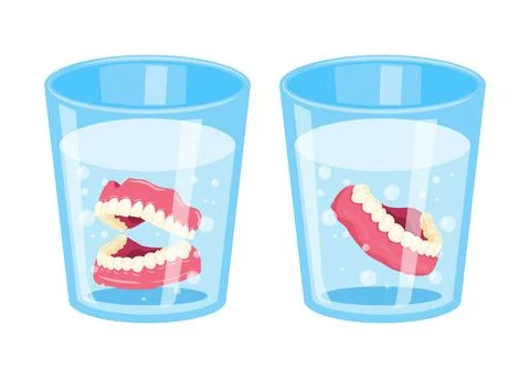 False Teeth in Glass Beaker, Denture in water. dentures false jaw removable.. Stock Illustration