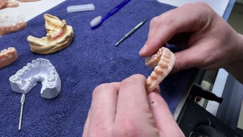 False teeth. Professional Technician Using Tool To Cut Artificial Dental Model Stock Footage 232652921