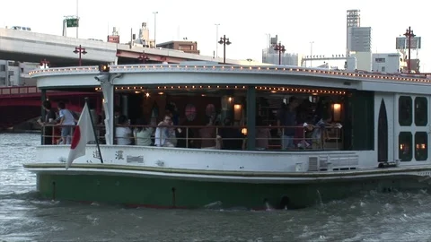 Families in a Tourist Boat, Sumida River, Tokyo, Japan Stock Footage