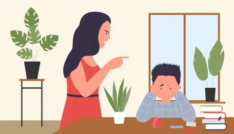 Family abuse violence, mother screaming unhappy crying kid son, angry parent Stock Illustration