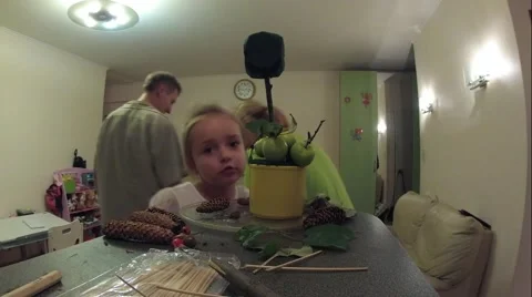 Family and little girl home crafts autumn nature handicraft. Time Lapse Stock Footage